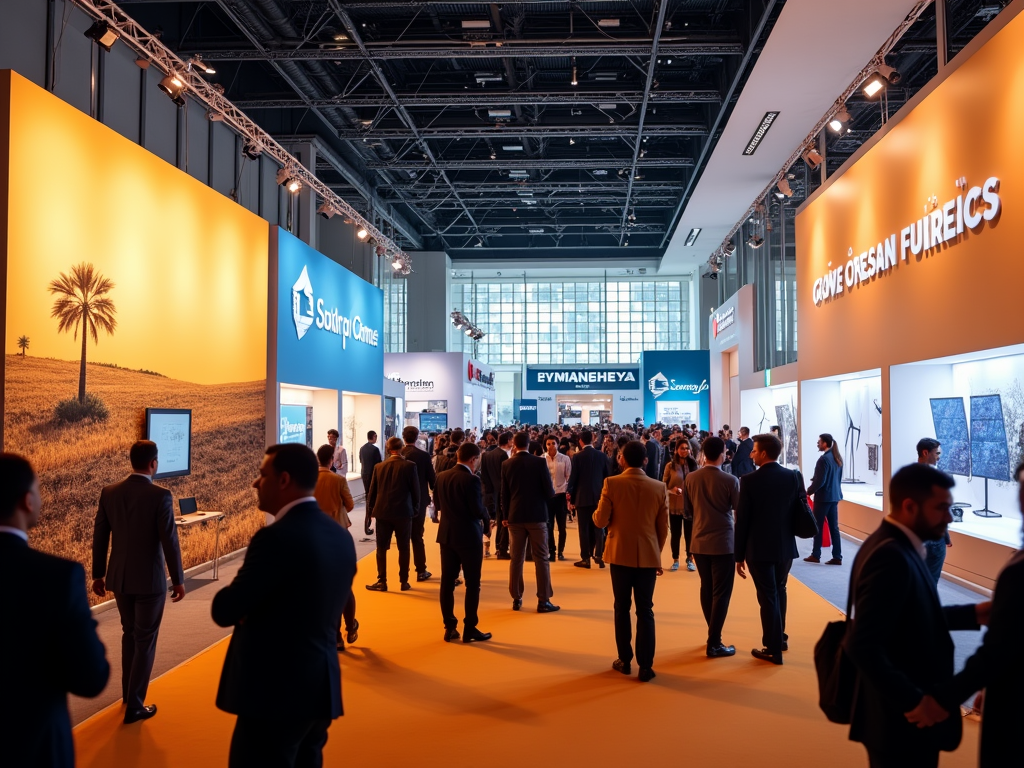 A busy exhibition hall with attendees walking by various colorful stalls and displays.