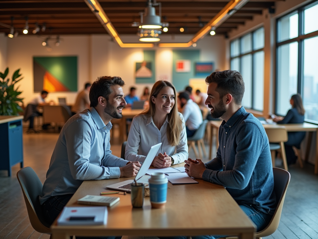 Three colleagues discussing work at a table in a modern office.