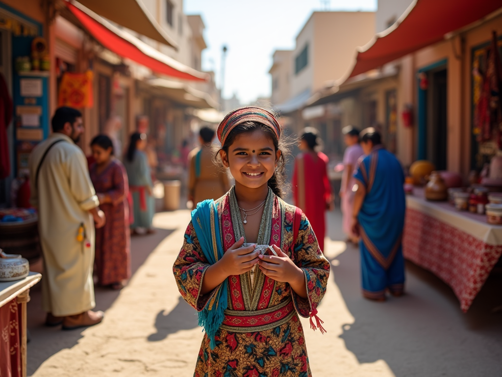 A smiling girl in traditional attire stands in a vibrant market street filled with people and colorful stalls.