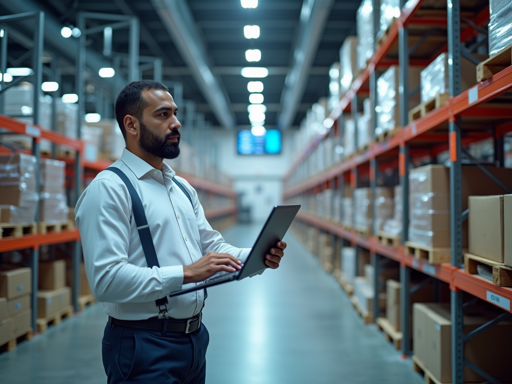 Man with beard in white shirt and suspenders using a tablet in a warehouse aisle.