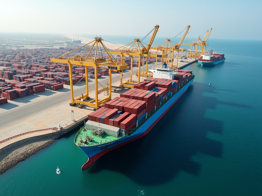 Aerial view of a cargo ship loaded with containers at a busy port, with cranes and stacked containers visible.