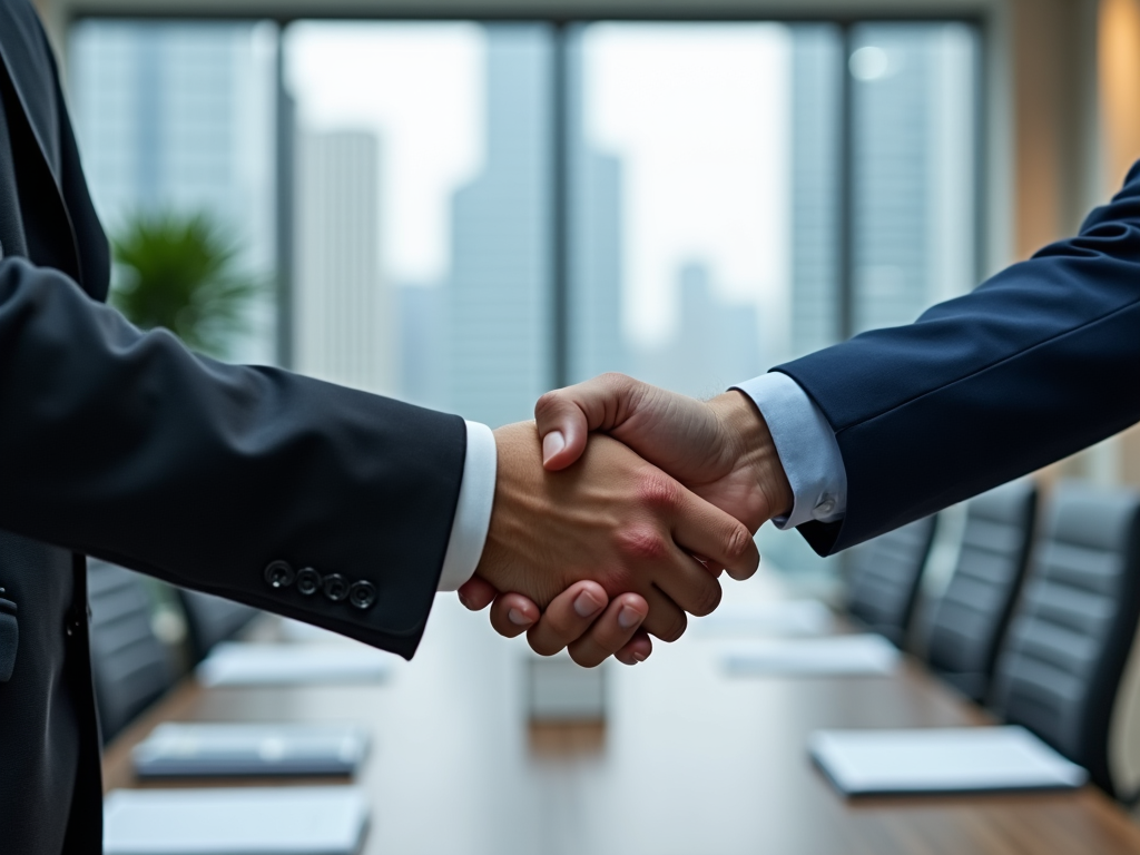 Two businesspeople shaking hands in an office with cityscape background.