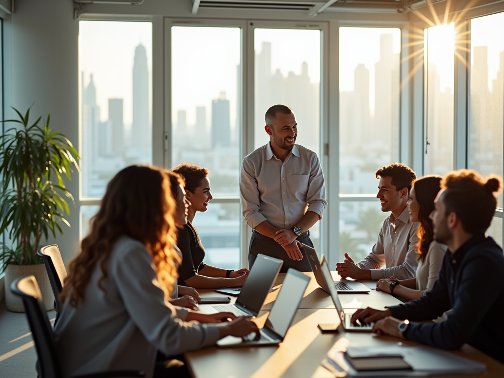 Business meeting in a sunlit office with cityscape in the background, featuring a diverse group of professionals engaged in discussion.