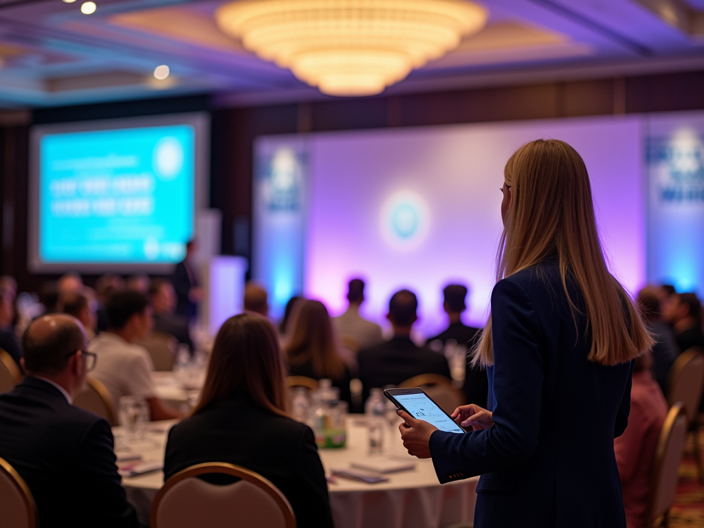 Blonde woman in blue blazer using tablet at a business conference with attendees and presentations.