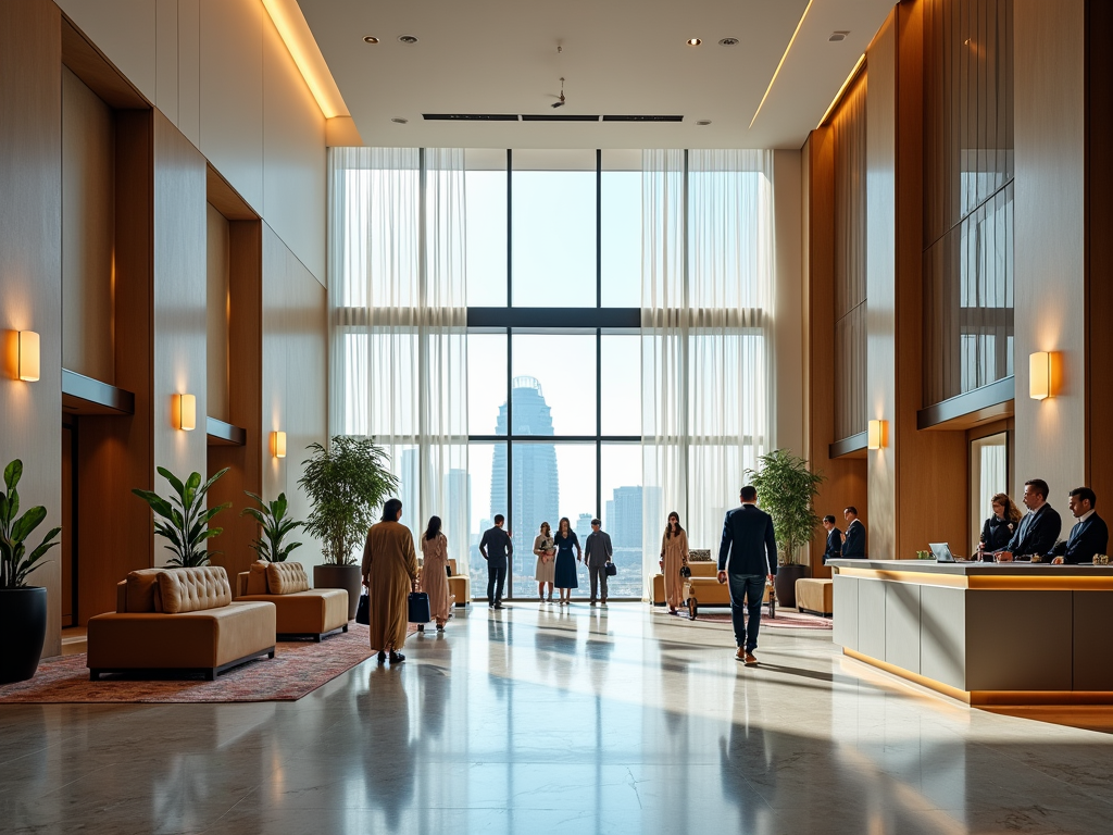 Modern hotel lobby with guests and staff, sunlight streaming through large windows.