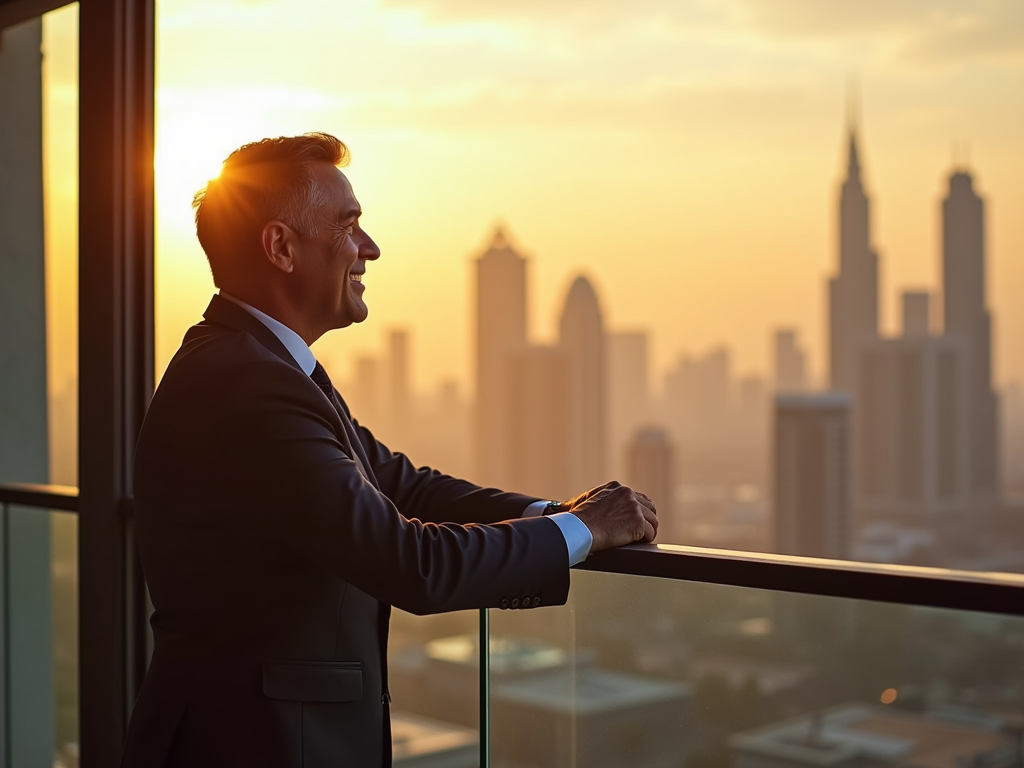 A man in a suit smiling and looking out over a city skyline at sunset.