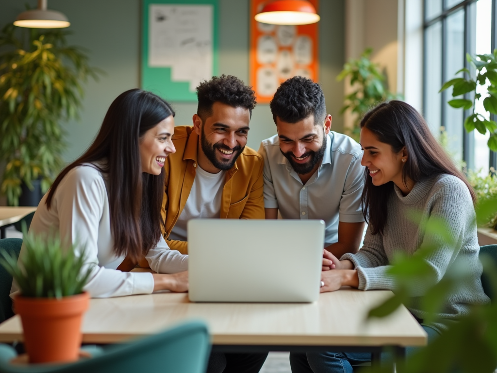 Four people happily looking at a laptop in a well-lit office space.