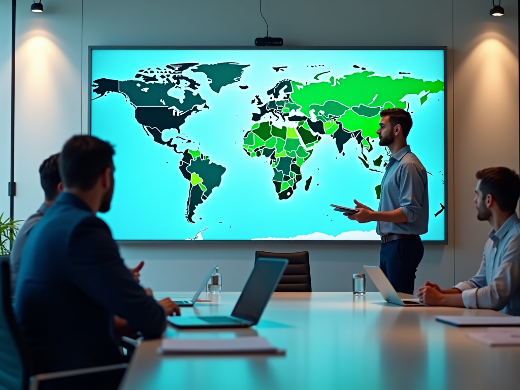 Man presenting a global data map to colleagues in a modern office meeting room.