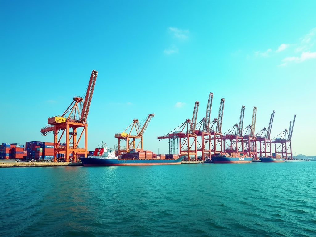 Container ships being loaded at a bustling port with cranes and stacked containers under a clear sky.