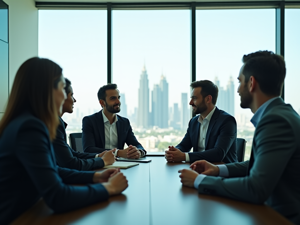 Four professionals engaged in a meeting, silhouetted against a cityscape through large windows.