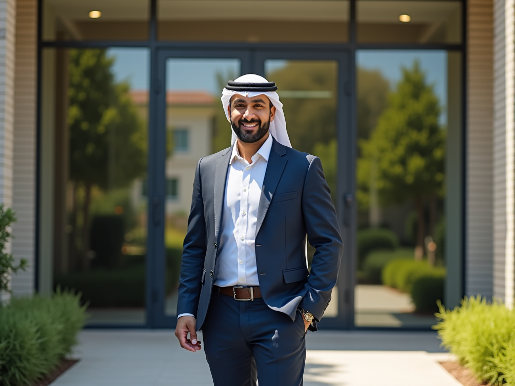 Man in a blue suit and white keffiyeh smiling while walking outside a building.