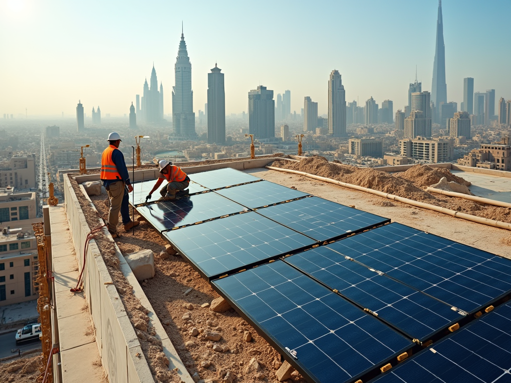 Workers installing solar panels on a rooftop with a city skyline in the background.