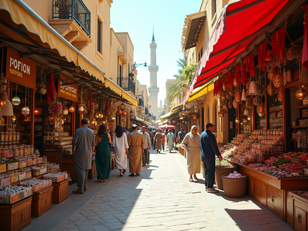 Bustling traditional market street with people shopping and colorful stalls displaying spices and goods.