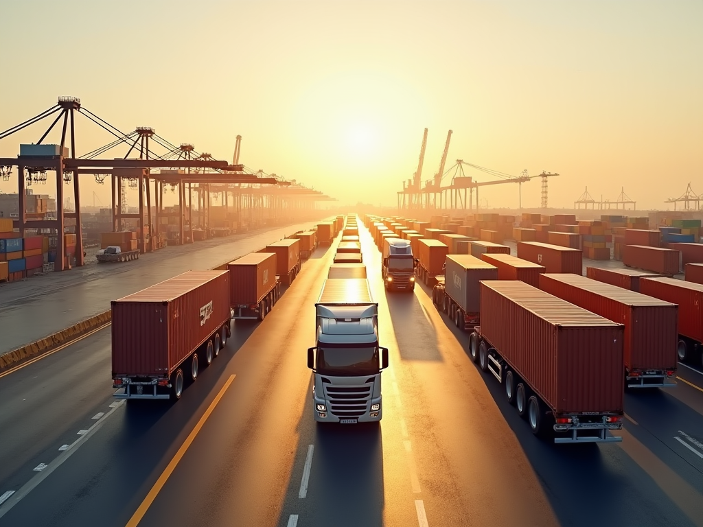 Sunrise at a busy port with rows of trucks carrying shipping containers, cranes in the background.