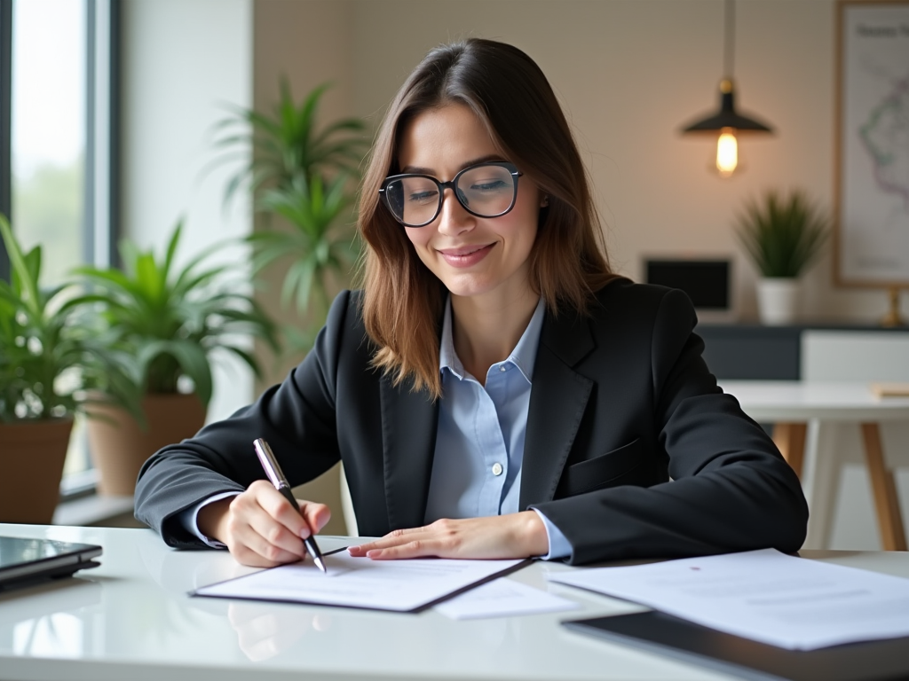 Woman in glasses and suit smiles while writing in office.
