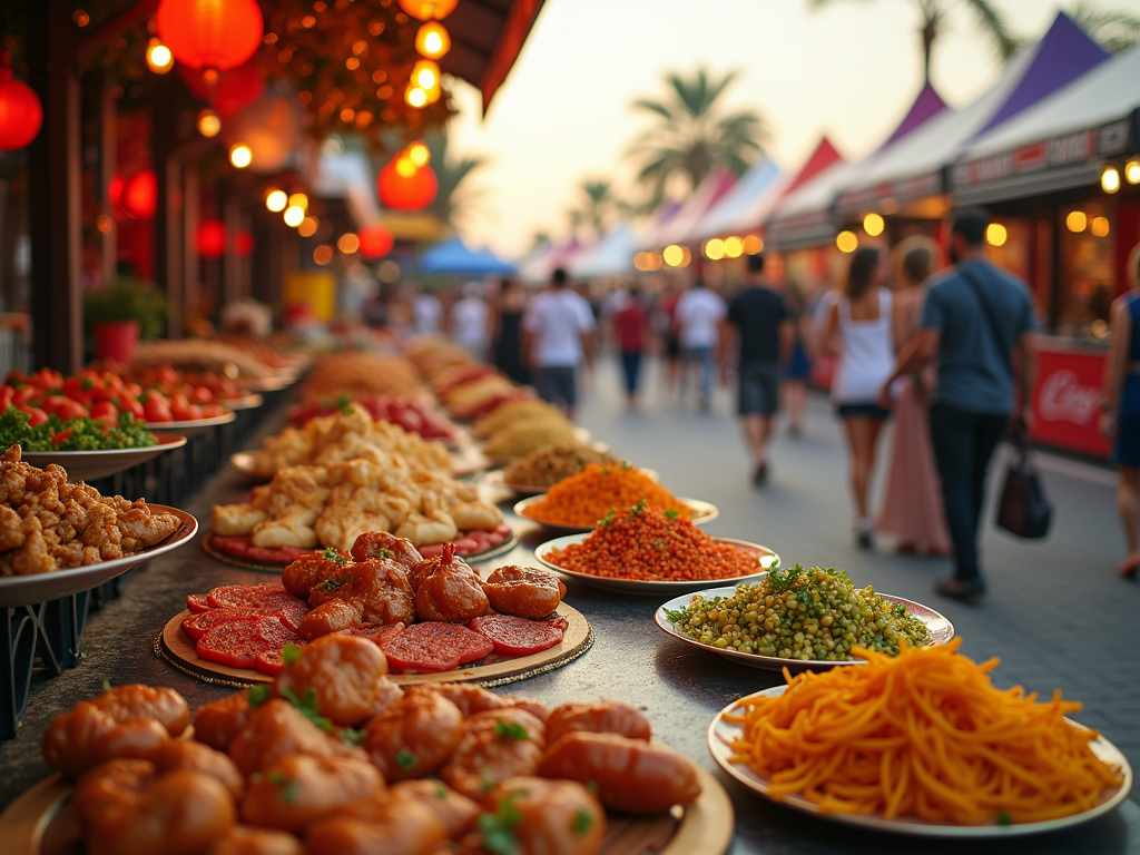 A vibrant street food market with assorted dishes displayed and bustling crowd in the background.