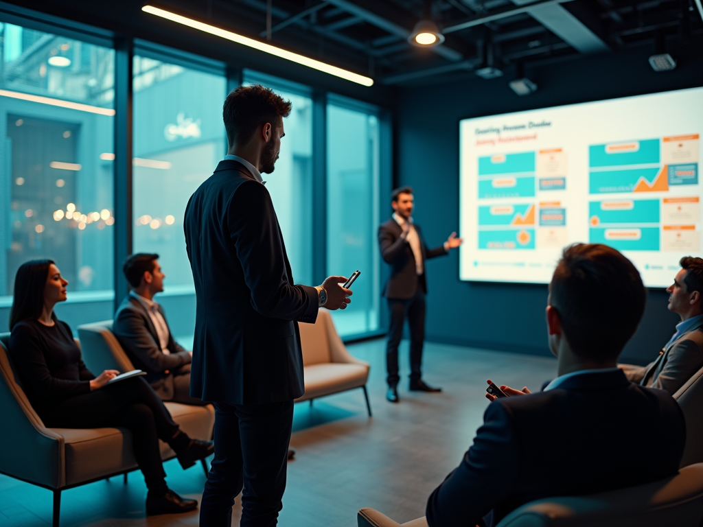 Business presentation in a modern conference room with a speaker and attendees focused on data charts.