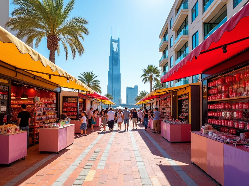 Outdoor market stalls with colorful canopies and a skyscraper in the background, sunny day.