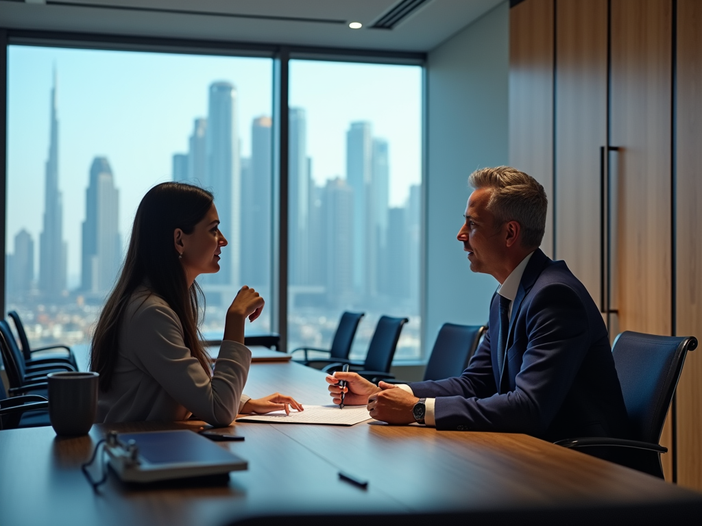 Two professionals having a discussion in a modern office overlooking a city skyline.