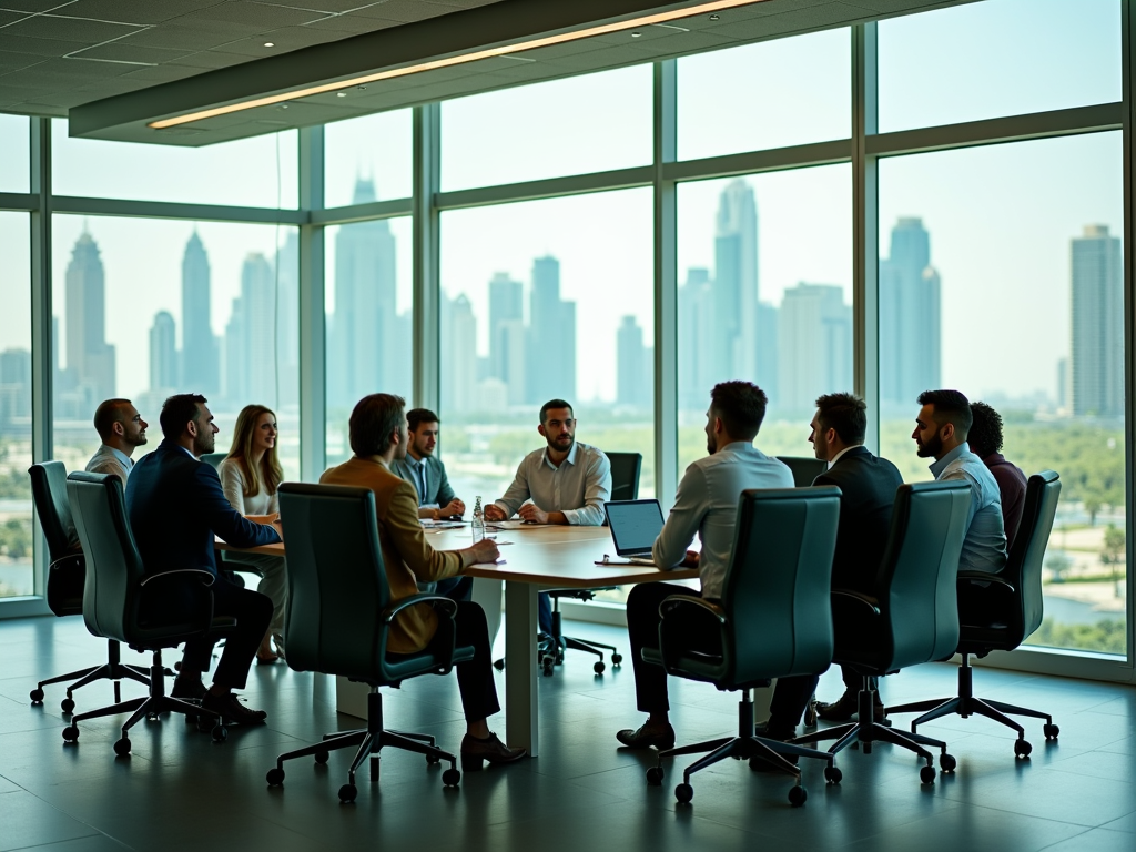 Business meeting in progress with a group of professionals around a table in a room overlooking a city skyline.