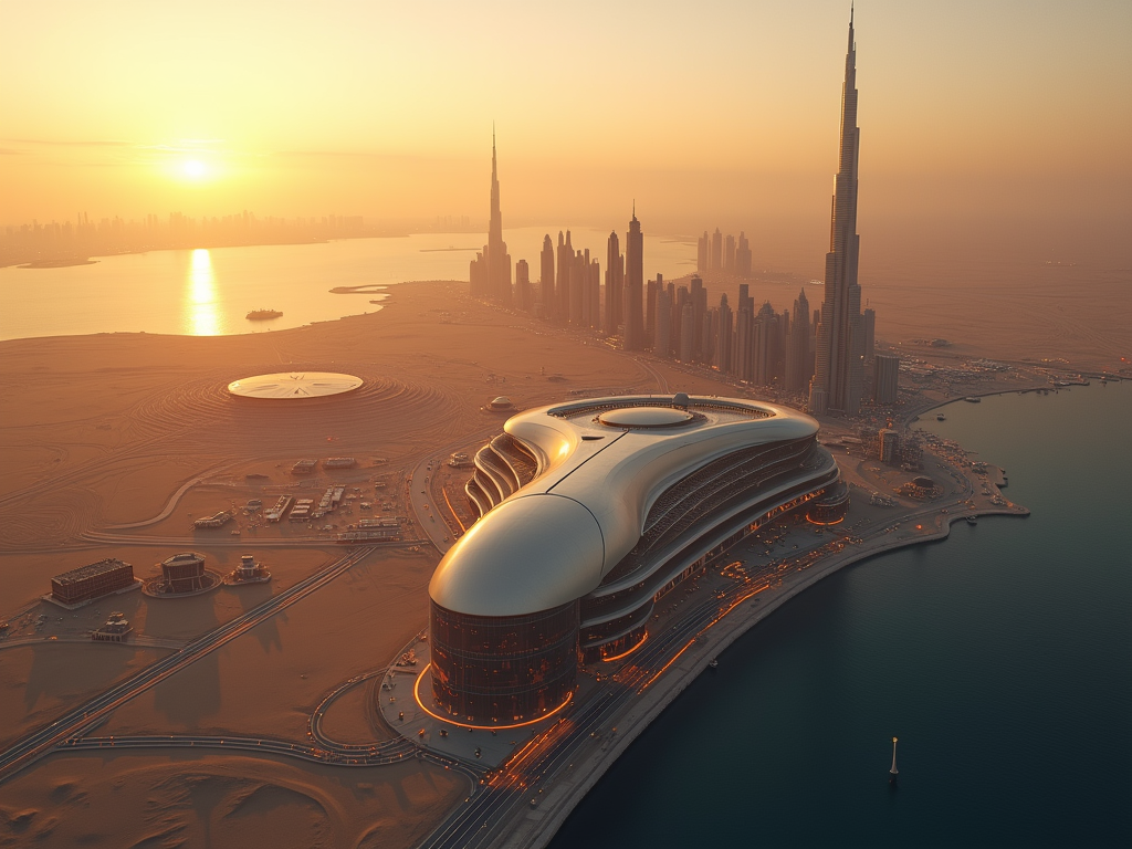 Aerial view of Dubai at sunset, featuring futuristic architecture, the Burj Khalifa, and a serene coastline.