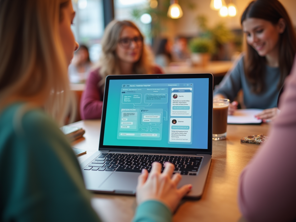 A woman types on a laptop showing a chat interface, with friends chatting and drinks on a café table.