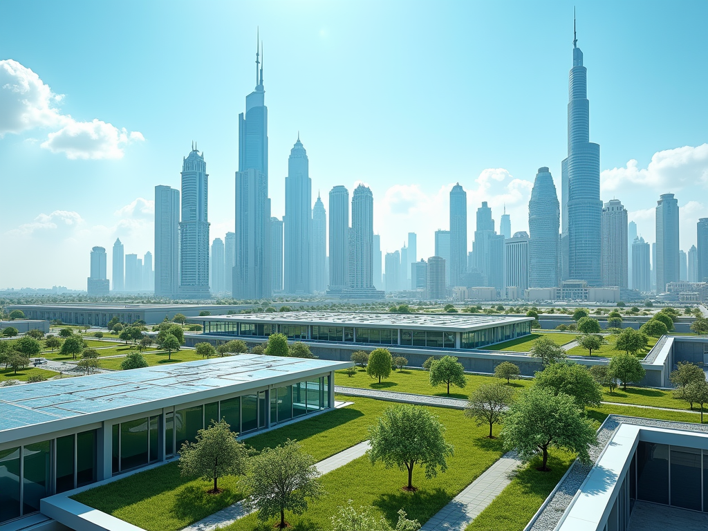 A modern city skyline with tall skyscrapers and green spaces featuring trees and solar panels in the foreground.