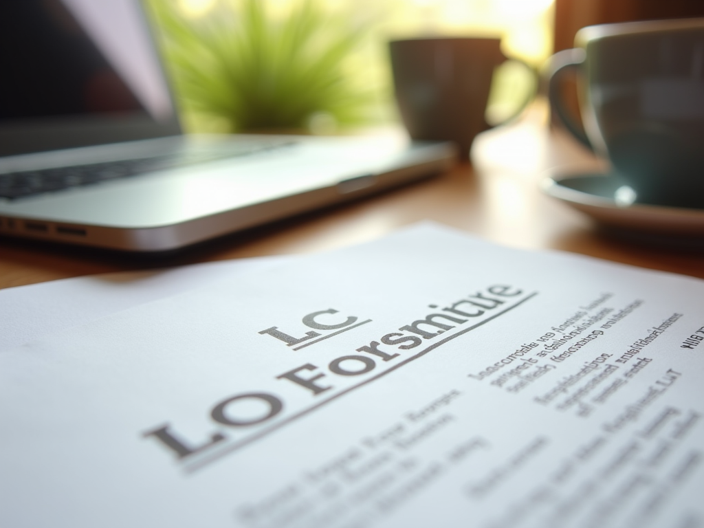 Close-up of a document titled "LO Forsikring" next to a laptop and coffee cups on a desk bathed in sunlight.