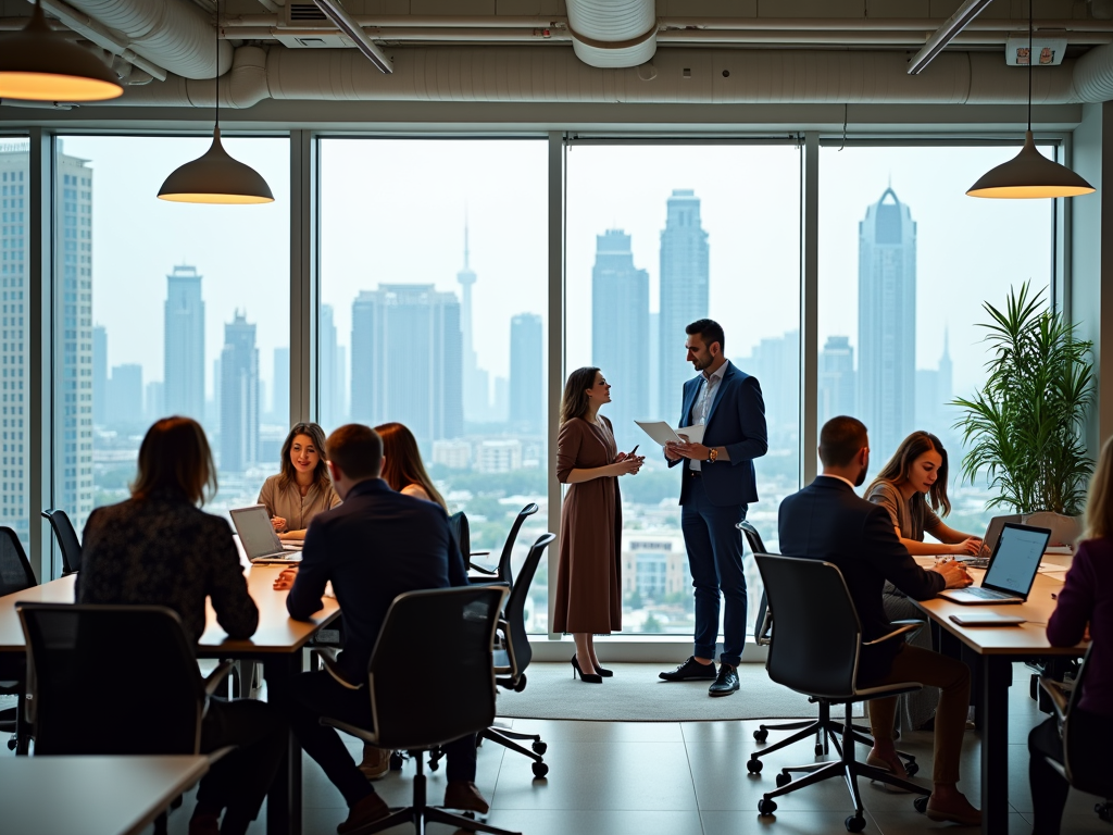 Professionals converse in a modern office overlooking a cityscape, near other colleagues working.