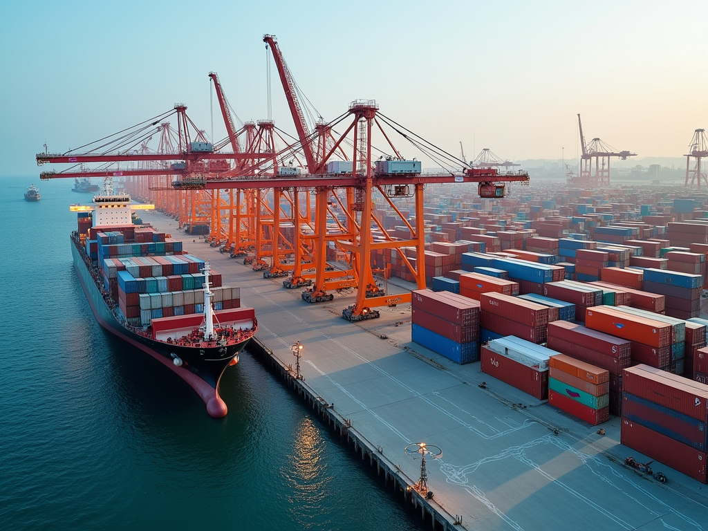 Sunset view of a cargo ship being loaded at a busy port, surrounded by stacks of colorful shipping containers.