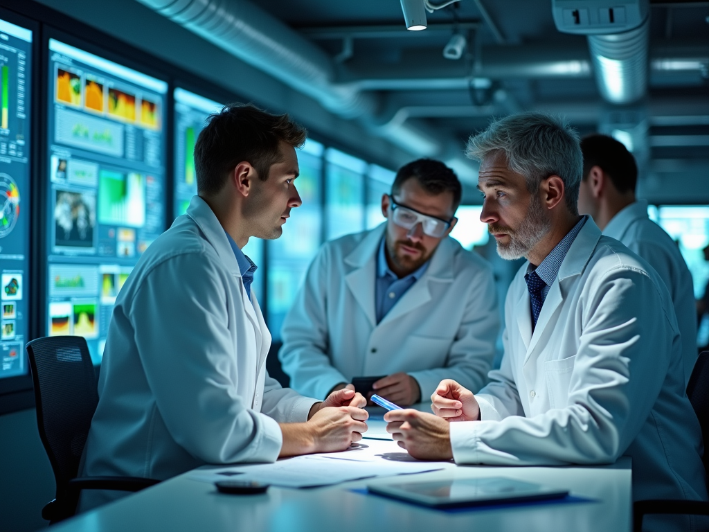 Three scientists in lab coats discuss data at a table, surrounded by screens displaying charts and analysis.