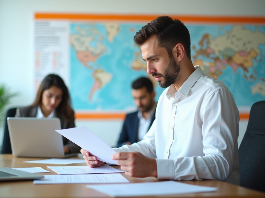 Businessman reading a document in an office with colleagues and a world map in the background.