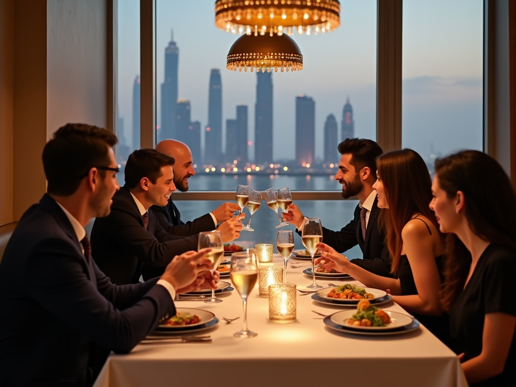 Group of friends toasting at a dinner table with city skyline view at twilight.