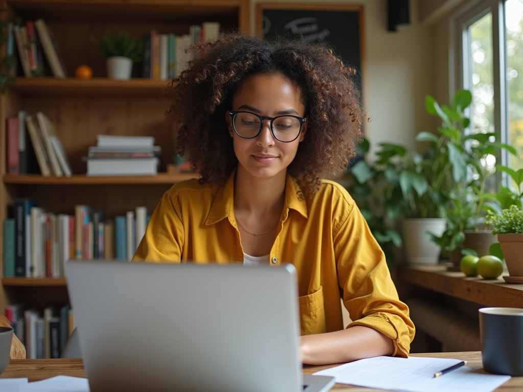 A woman with curly hair and glasses sits at a desk, focused on her laptop in a cozy, plant-filled room.