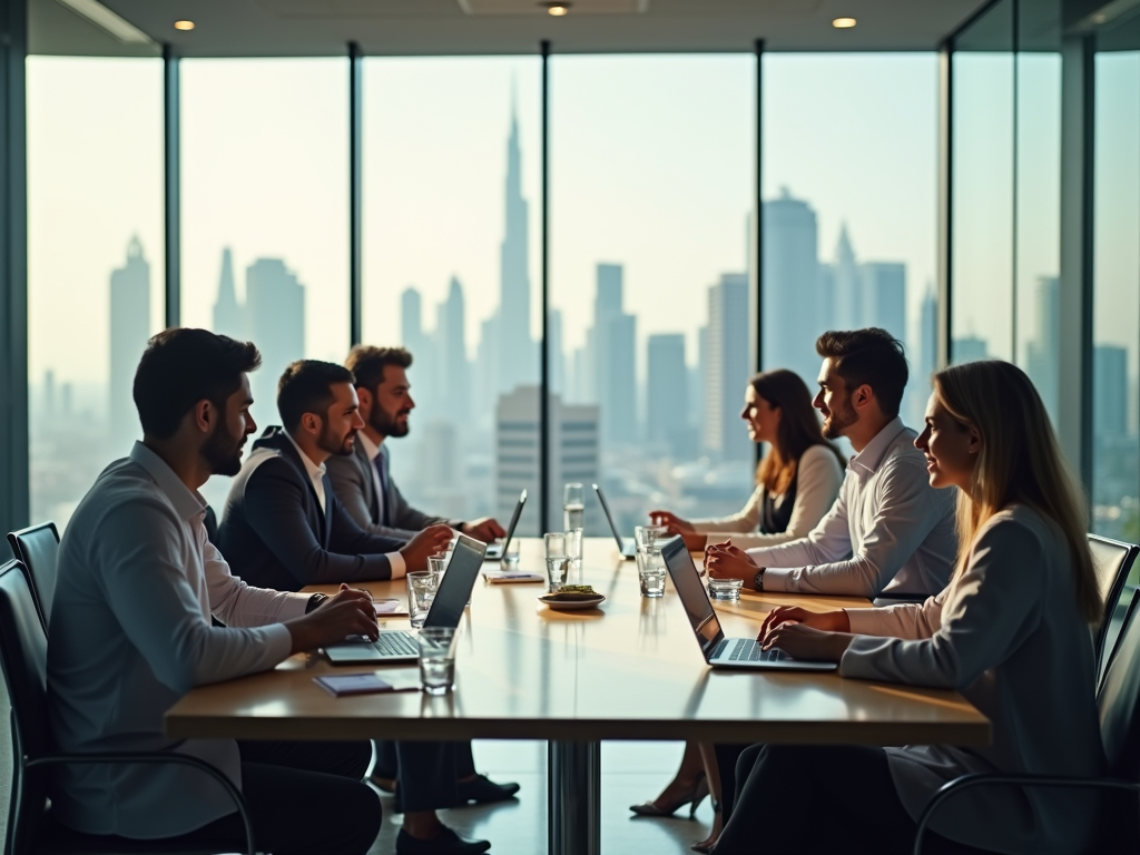 Business professionals in a meeting, with city skyline seen through a panoramic window.