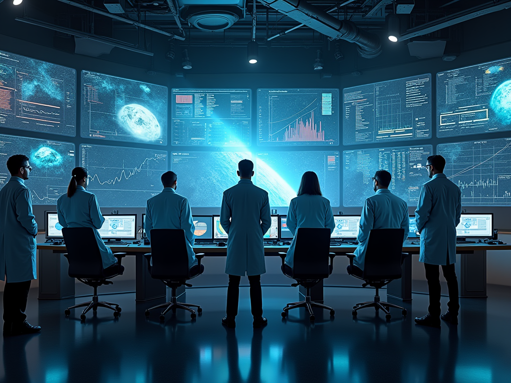 A group of scientists in lab coats monitors data and imagery of space from multiple screens in a dark room.