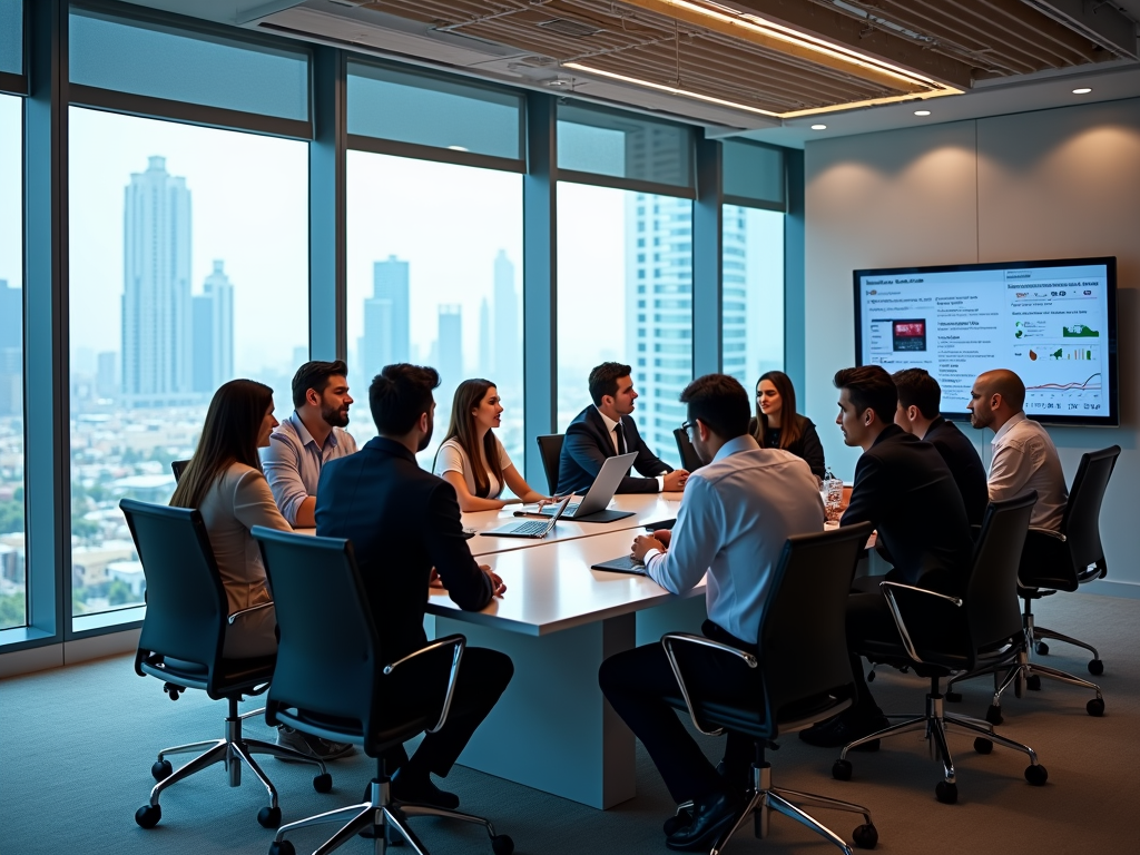 Business professionals in a meeting room with cityscape view discussing data on screen.