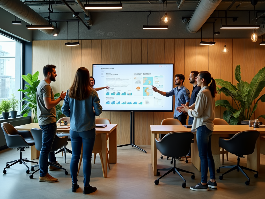 Six professionals engaging in a presentation in a modern office.